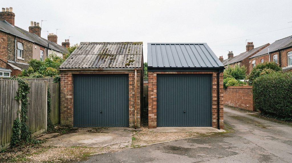 Two garages, one with an old cement roof and one with a new steel roof